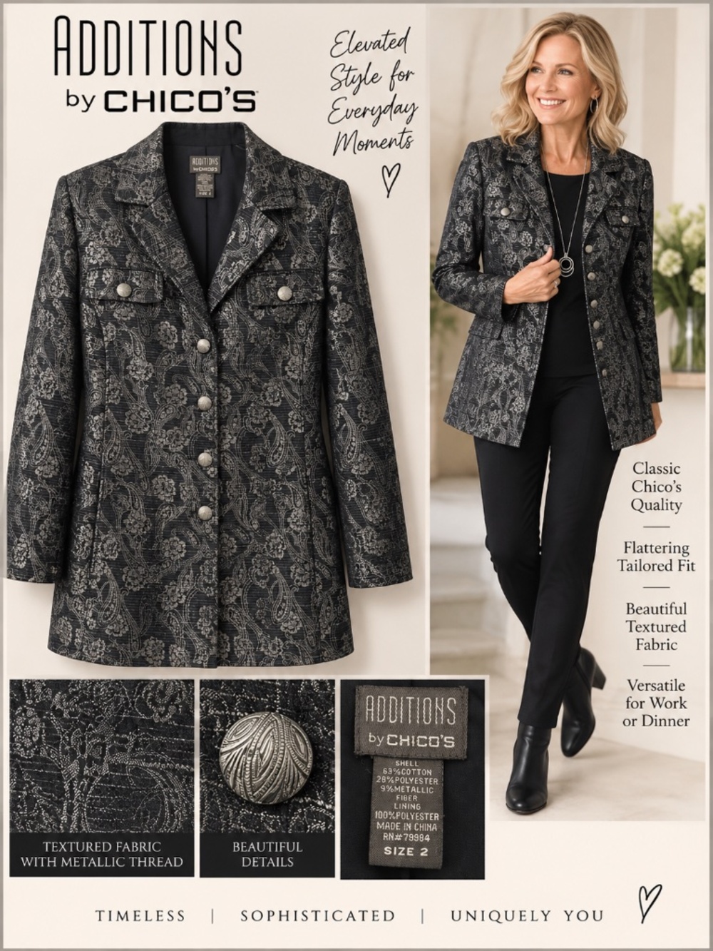 Chico’s Additions Metallic Jacquard Paisley Jacket Blazer Size 2
